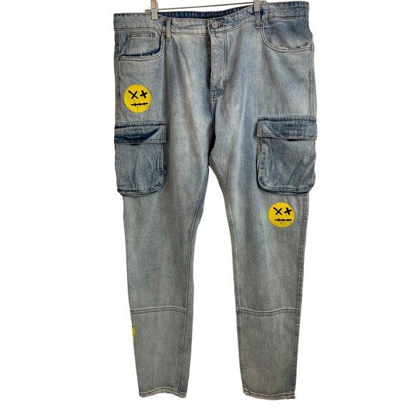 BoohooMAN Plus Skinny Rigid Stacked Print Cargo Jeans Ice Blue 46x36 NWT 7247 - Picture 1 of 7